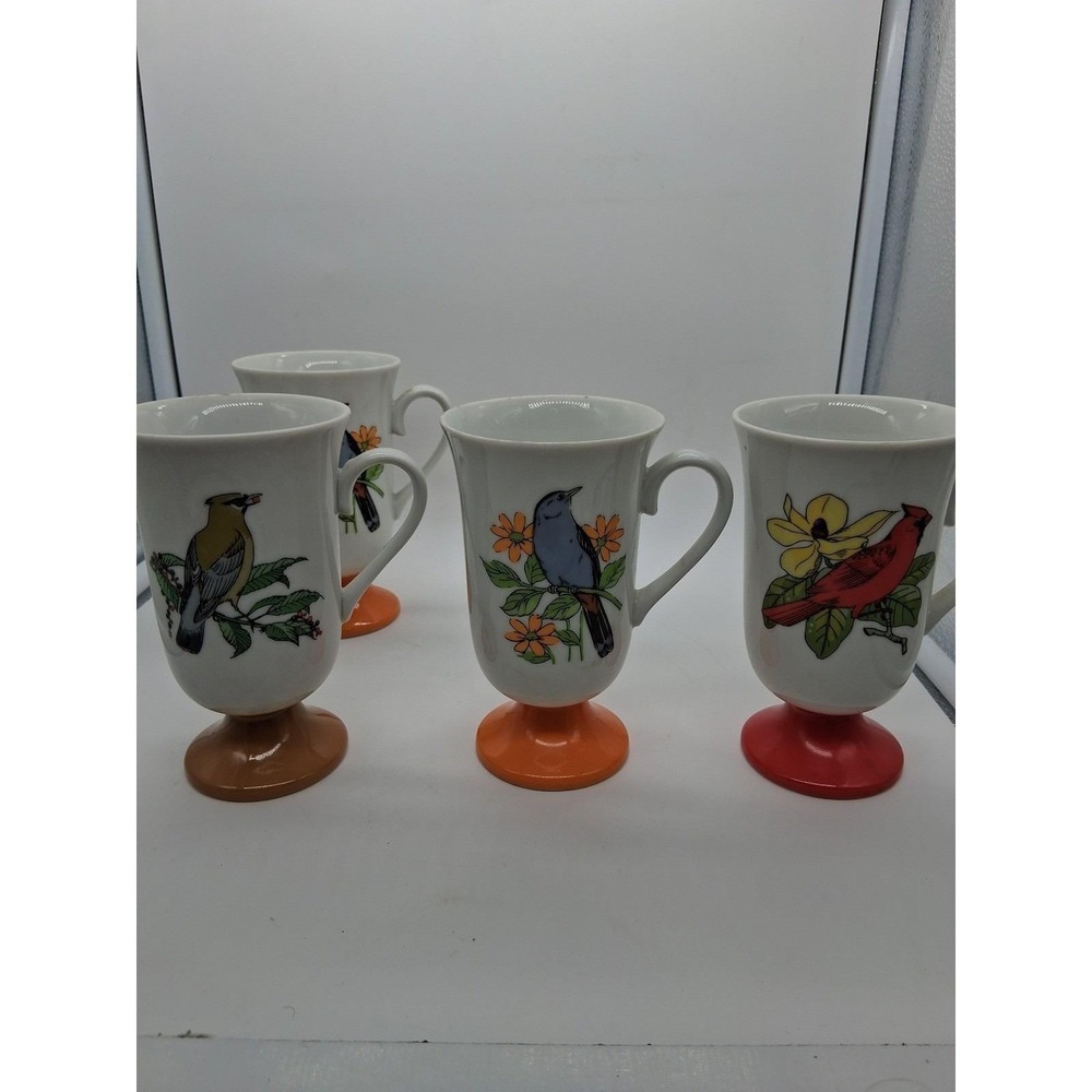 Vintage Footed Fred Roberts Bird Mugs Set of 4 Cardinal Cedar Waxwing Pedestal